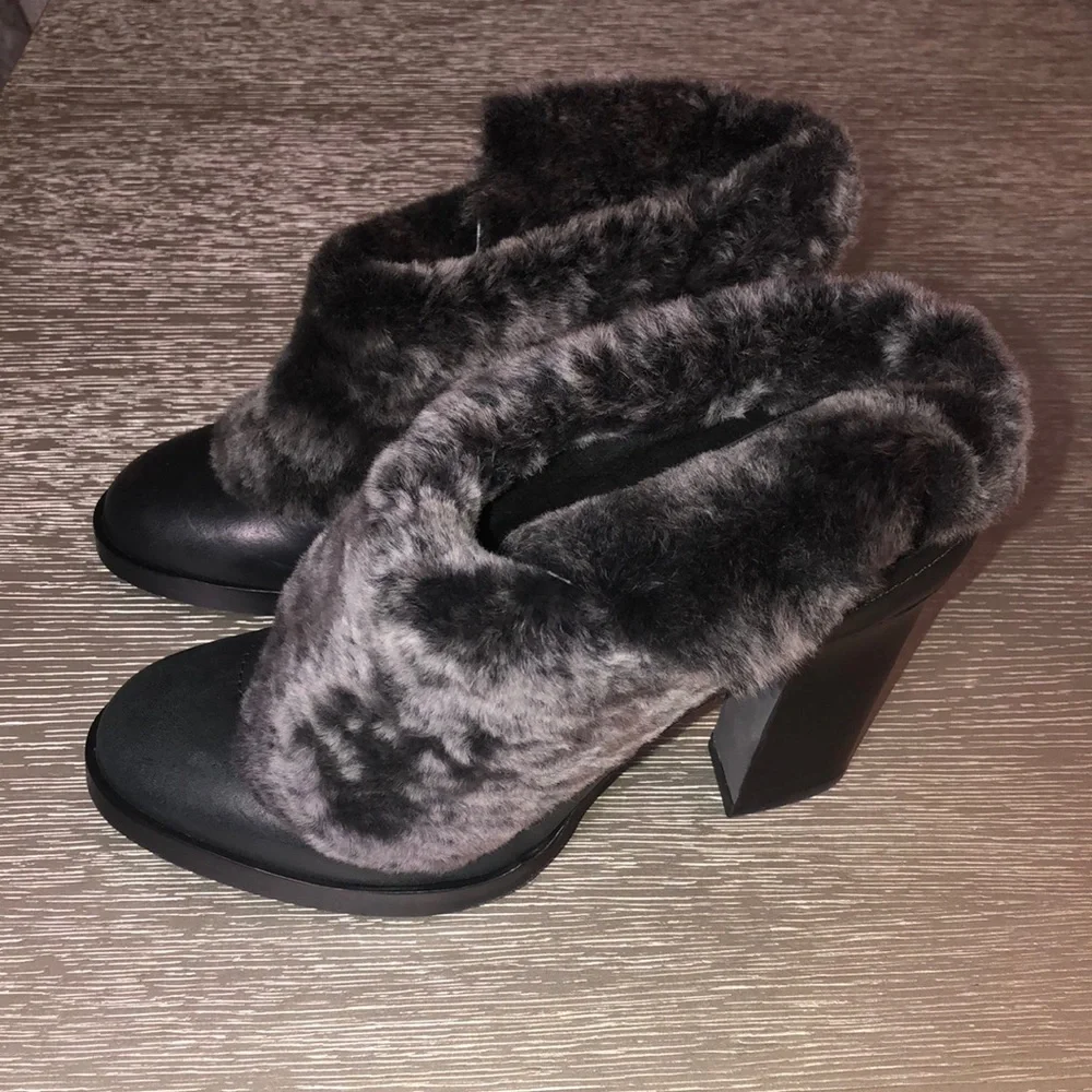 rag & bone Black Leather Mules with Gray Fur Cuff
